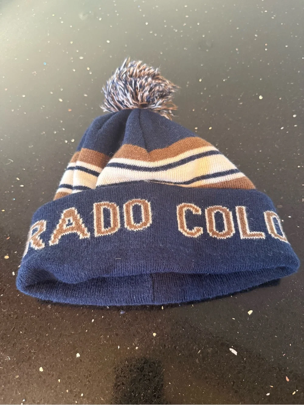 Colorado Pom Pom Beanie - Navy and Brown